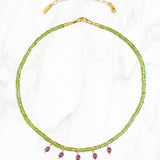 PASIFLORA PERIDOT & RHODOLITE GARNET CHARMS NECKLACE